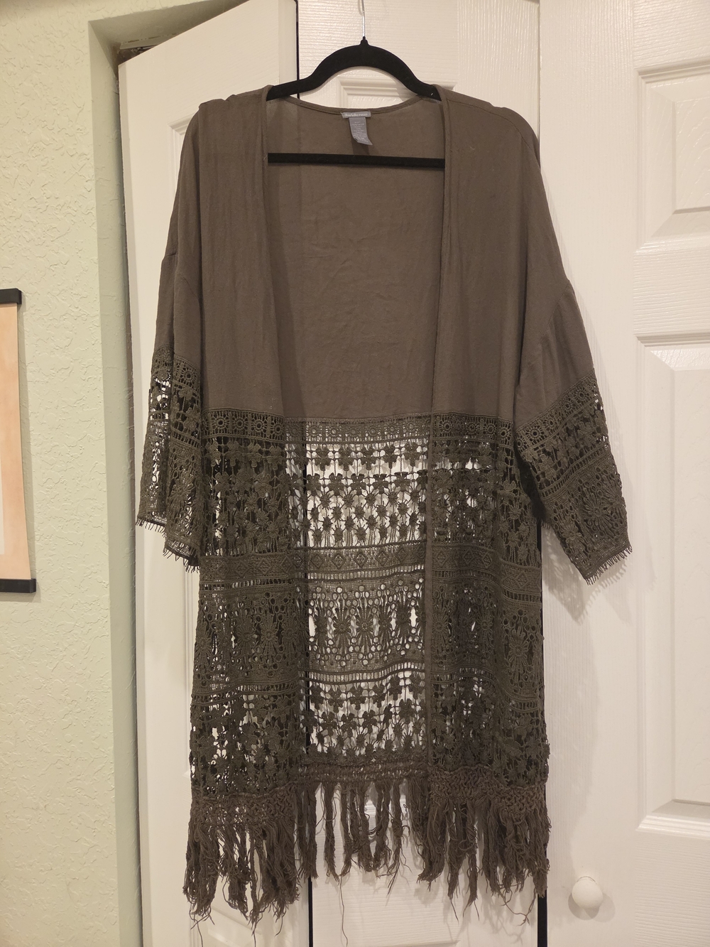 Charlotte Russe Olive Crochet Fringe Kimono
